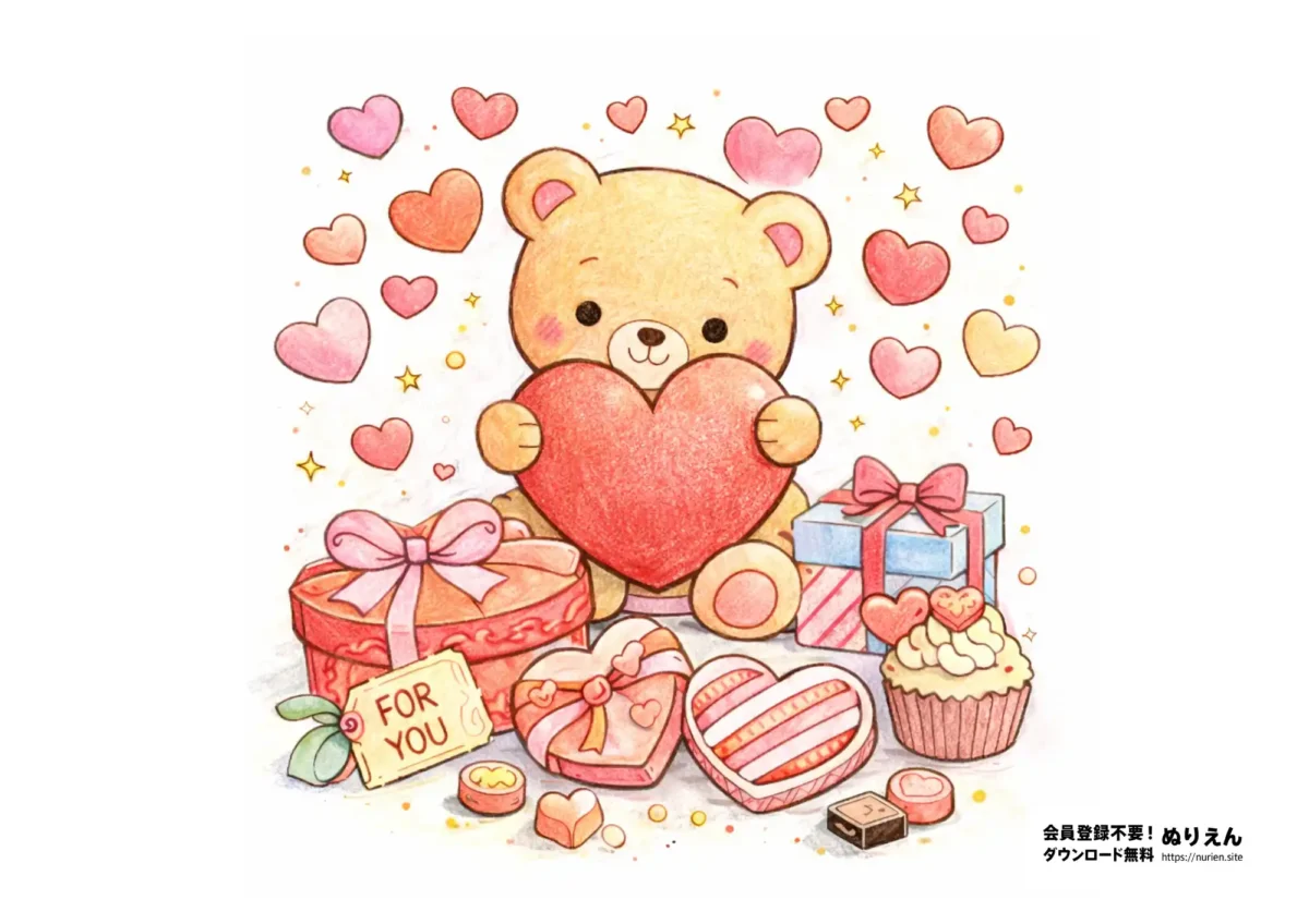 ハートを抱えたくまのバレンタインぬりえ