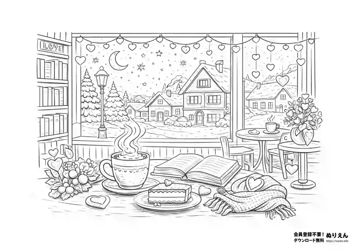北欧の冬の街並みを眺めながらカフェで過ごす癒しの大人向けぬりえ