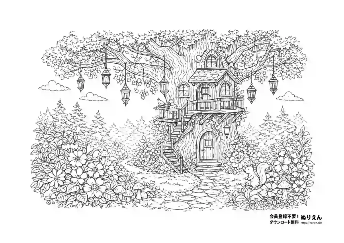森の大きな木のツリーハウスと妖精の家の大人向けぬりえ(細かい・ファンタジー)