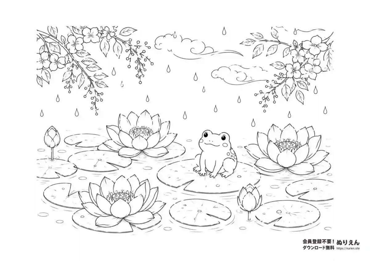 雨の蓮池で葉の上に座るカエルの大人向けぬりえ