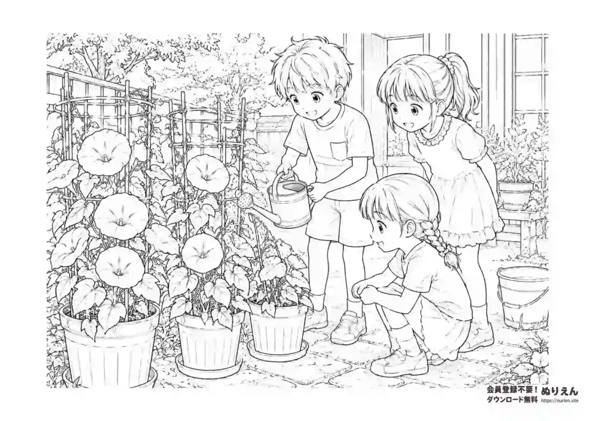 朝顔に水やりをする子どもたちのぬりえ（夏休み観察学習）