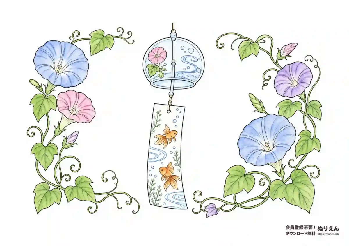 朝顔と風鈴を描いた夏の花ぬりえ
