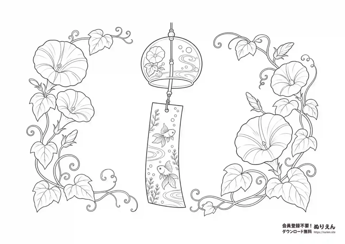 朝顔と風鈴を描いた夏の花ぬりえ