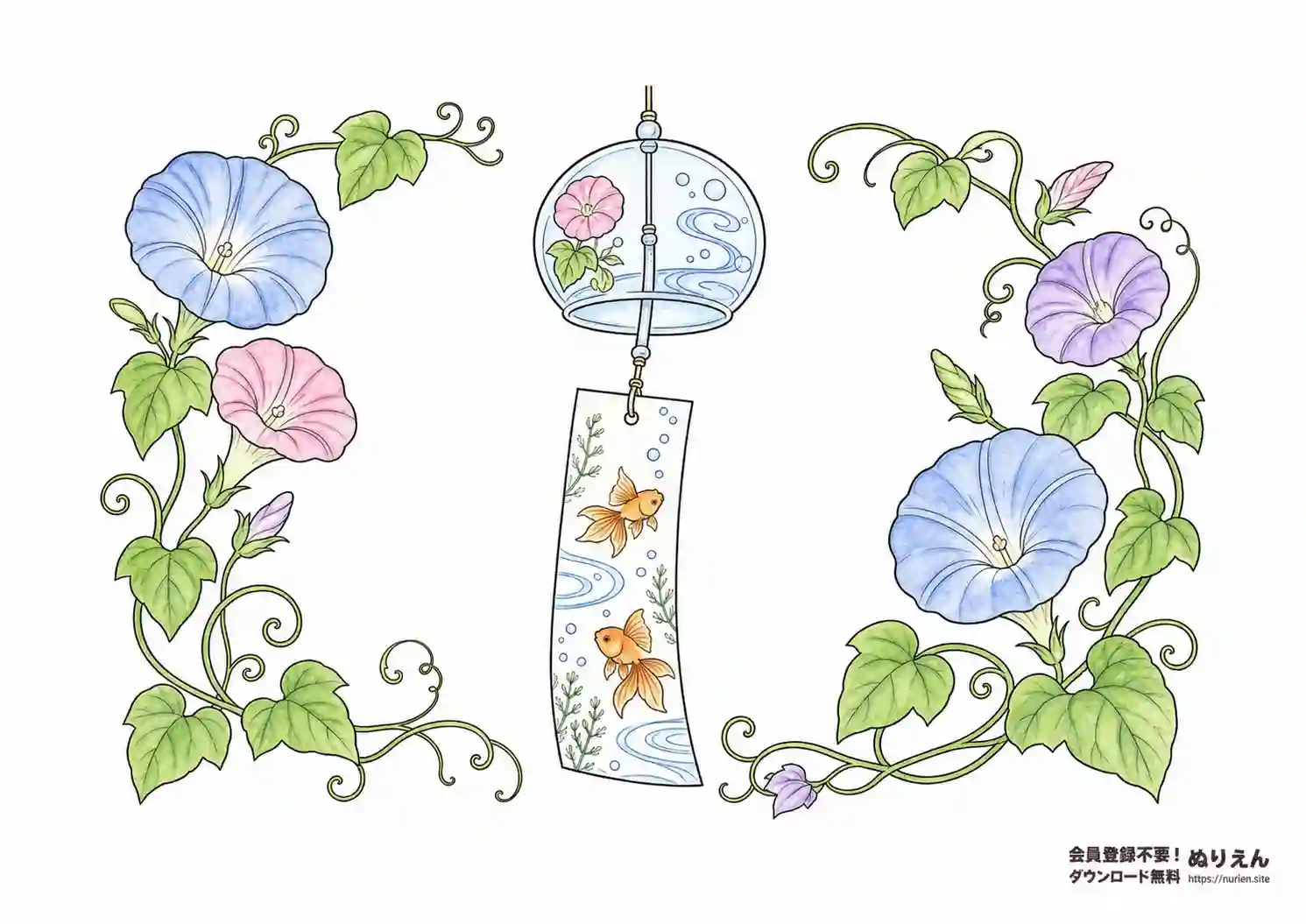 朝顔と風鈴を描いた夏の花ぬりえ