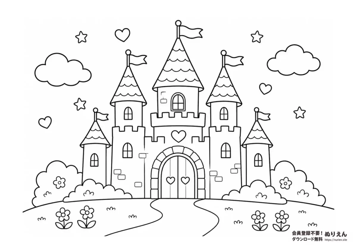お姫様のお城を描いたかわいい子ども向けぬりえ