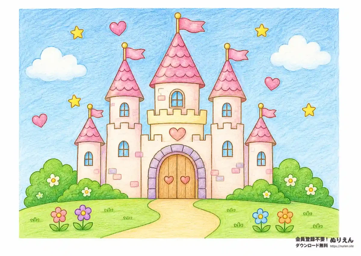 お姫様のお城を描いたかわいい子ども向けぬりえ