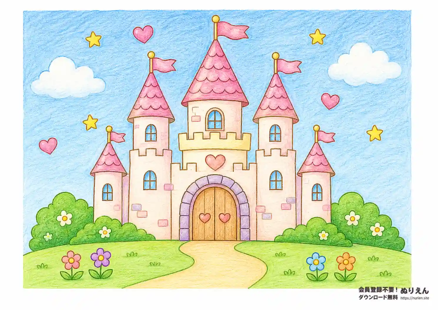 お姫様のお城を描いたかわいい子ども向けぬりえ