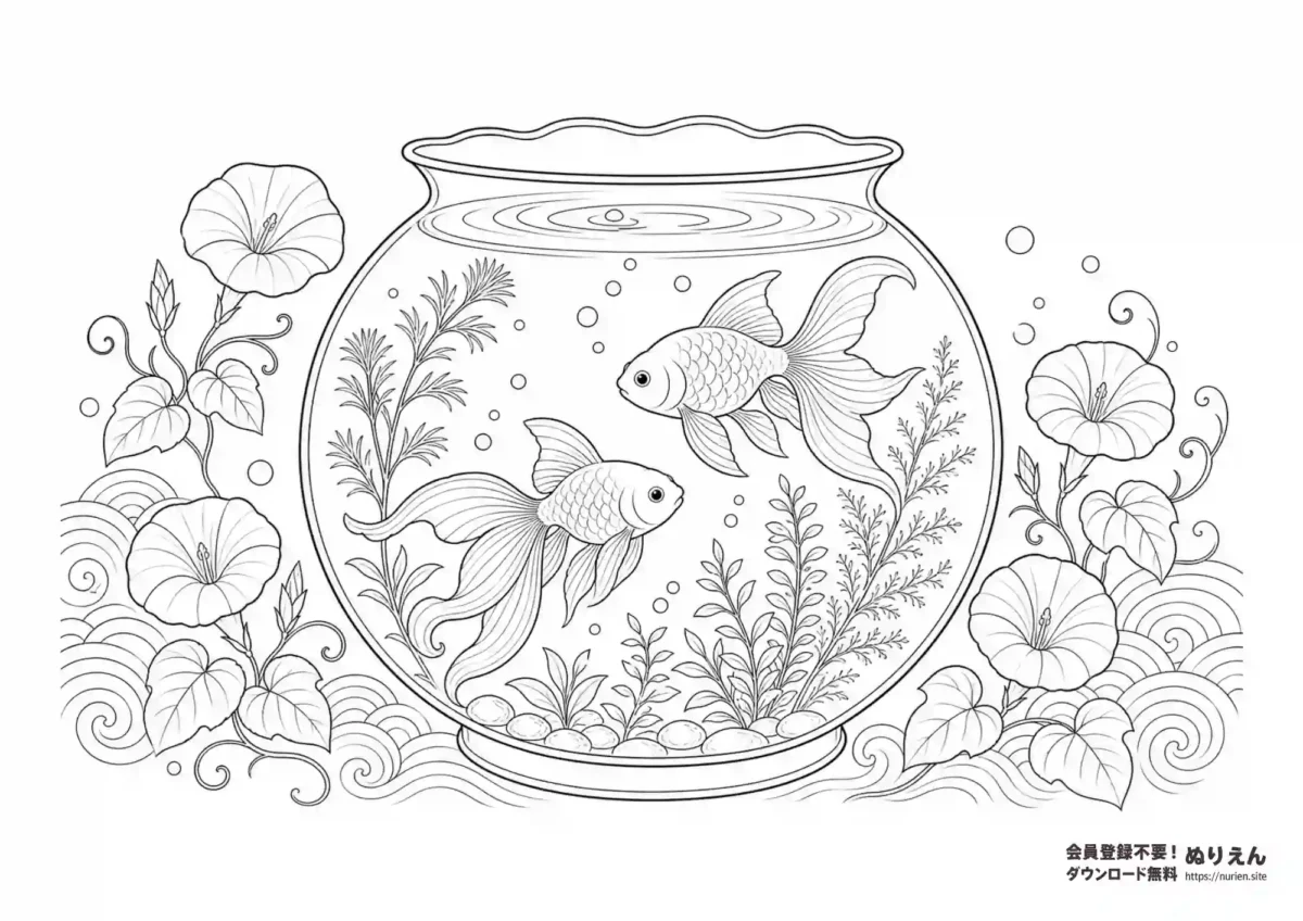 金魚鉢の金魚と朝顔を描いた夏の風物詩ぬりえ