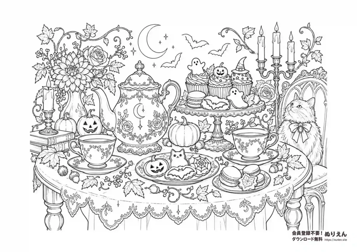猫と一緒に楽しむ、華やかなハロウィンティーパーティーを描いた無料ぬりえです。

テーブルにはティーポットやティーカップ、カップケーキ、マカロン、クッキーなどのお菓子が並び、ジャック・オー・ランタン、黒猫、おばけ、コウモリ、三日月、キャンドルなど、ハロウィンらしいモチーフをたっぷり詰め込みました。

花や食器、テーブルクロスなど細かな装飾も楽しめる、少し大人っぽくおしゃれなデザイン。秋の季節の塗り絵としてはもちろん、大人の塗り絵や高齢者・介護施設のレクリエーションにもおすすめです。